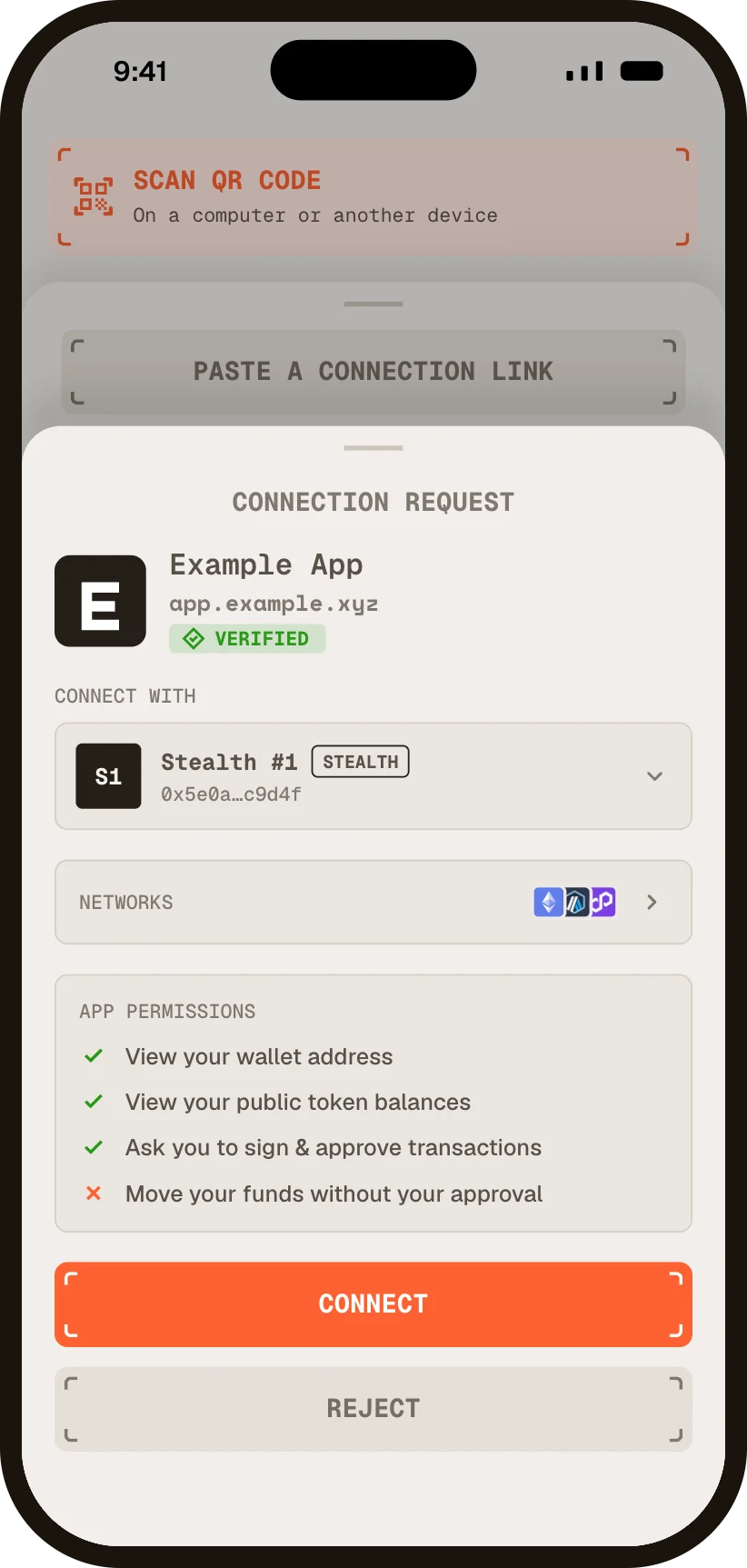 Illustration of an Anon mobile connection request for a Verified app, with a stealth account chosen, its networks, the app's permissions and Connect and Reject buttons.