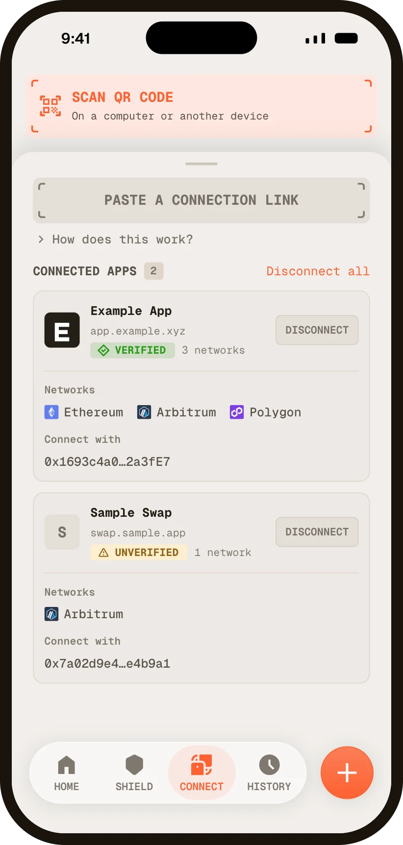 Illustration of the Anon mobile Connect tab with a Scan QR code button, a Paste a connection link button and two connected apps, one Verified and one Unverified.