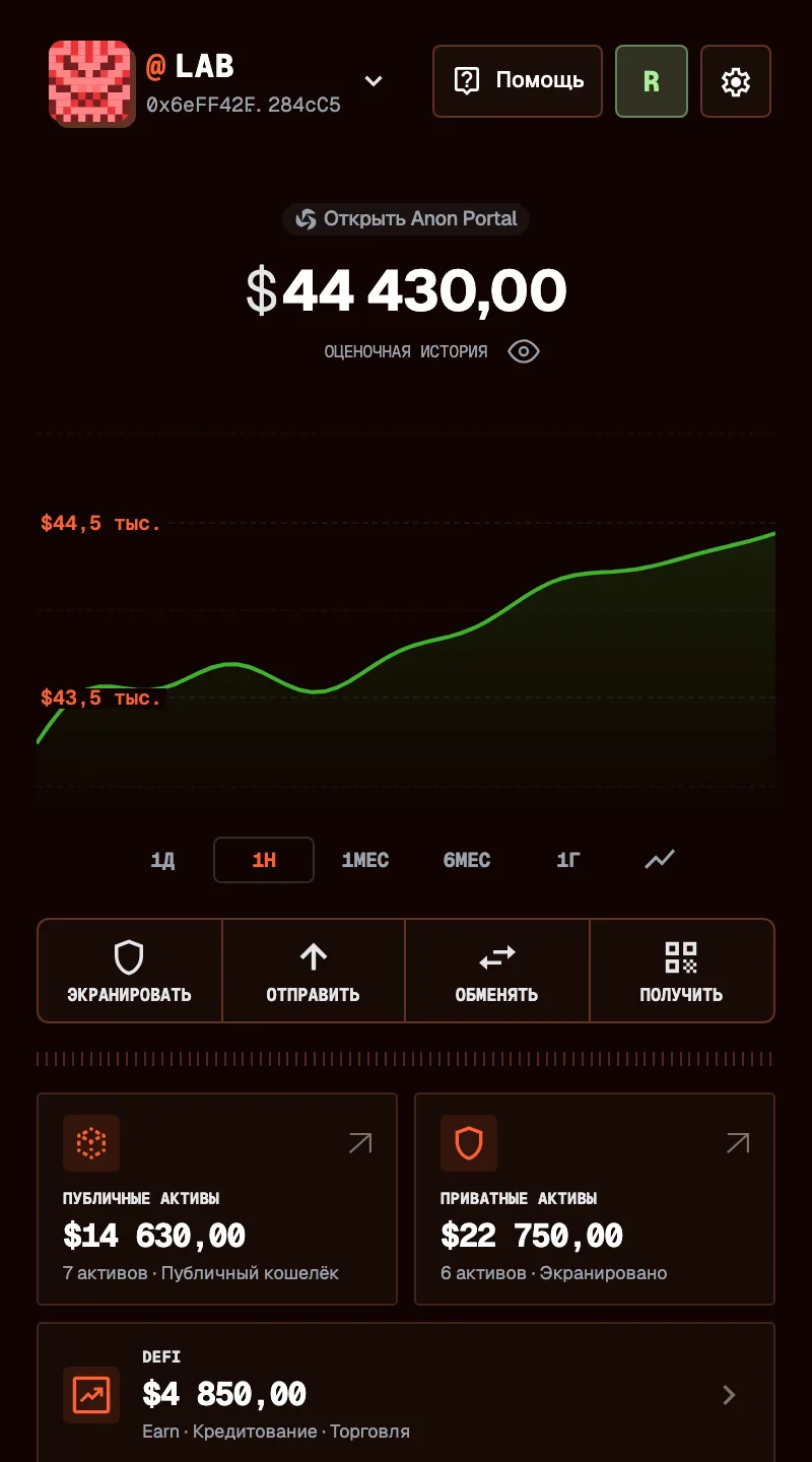 The Anon extension wallet, shown in Russian