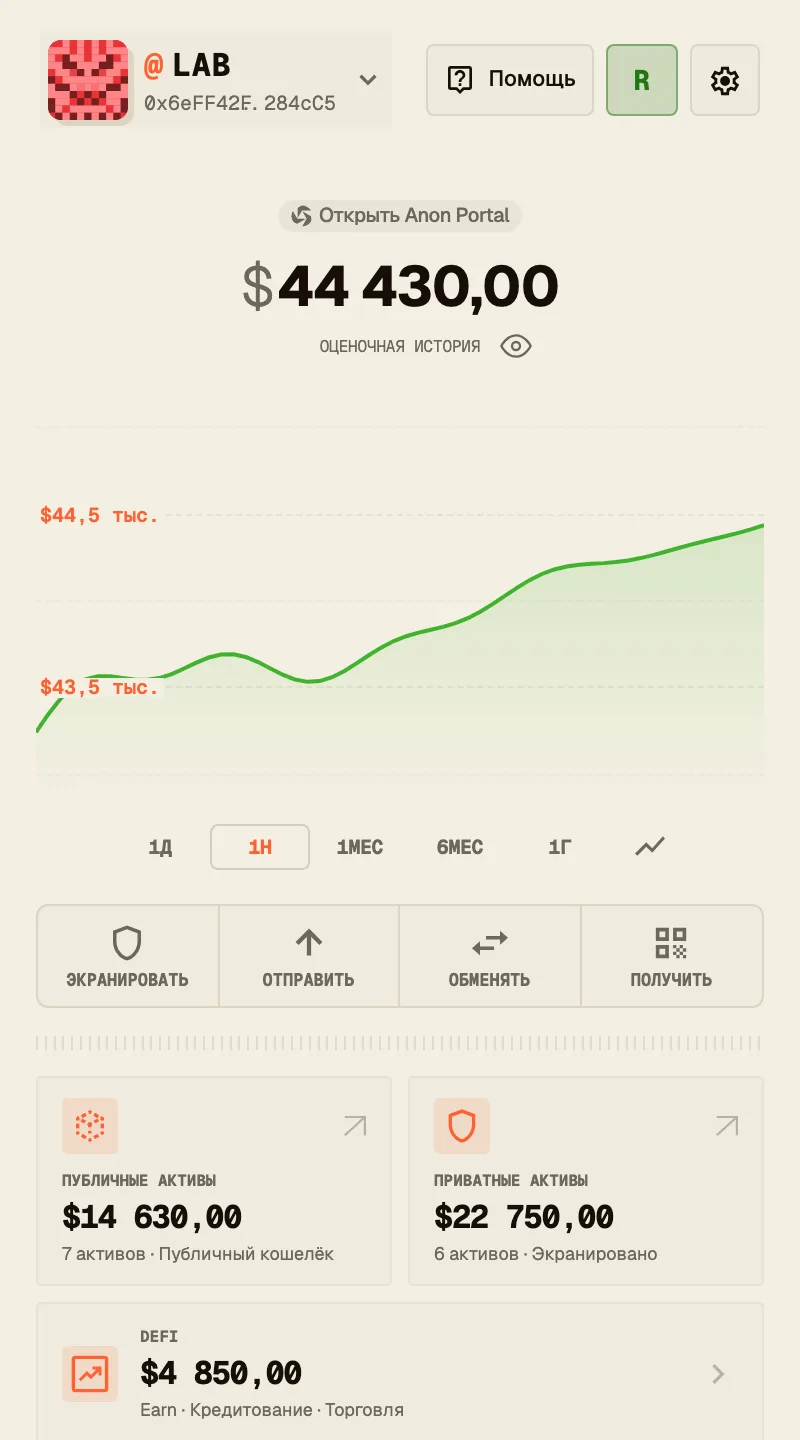 The Anon extension wallet, shown in Russian